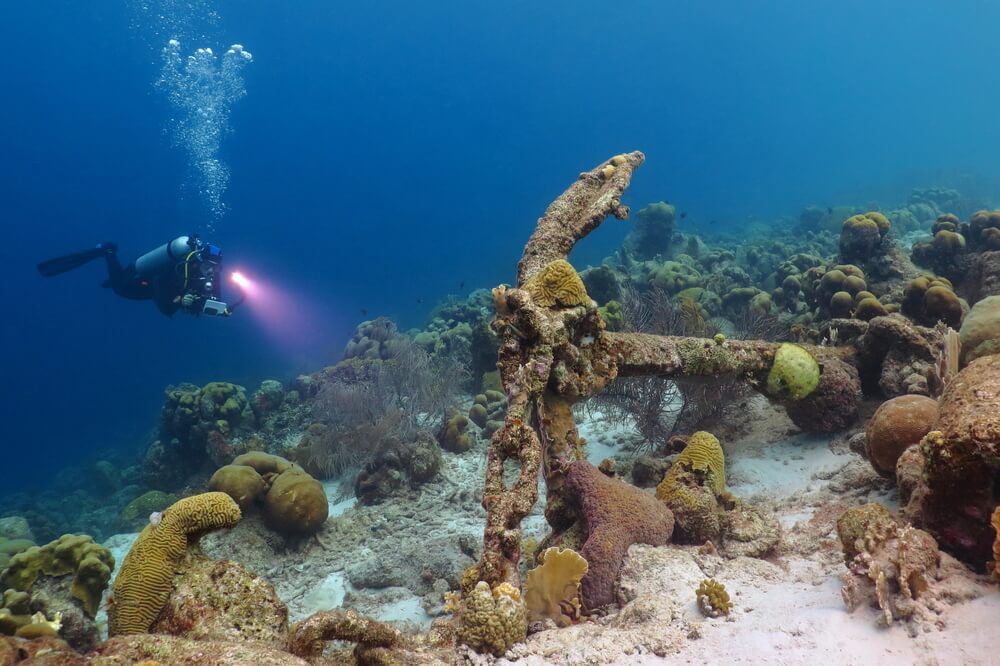 Person scuba diving at the wrecks in Aruba